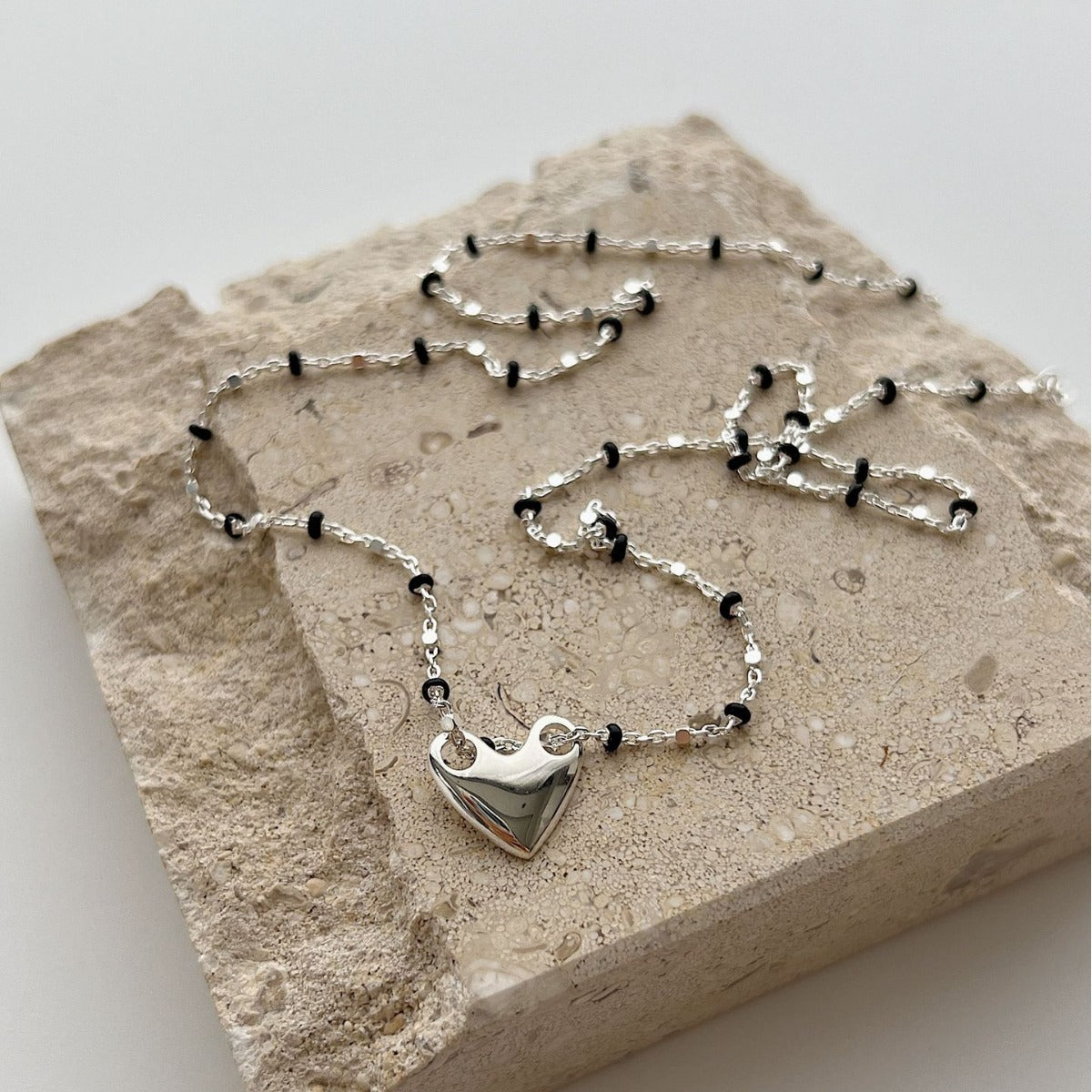 S925 Sterling Silver Necklace With Black Epoxy Heart And Cross Pendant