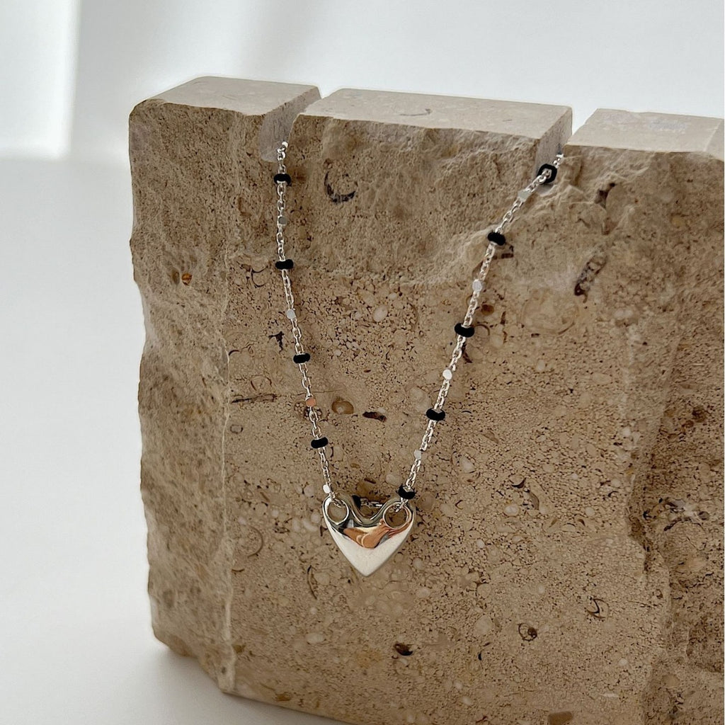 S925 Sterling Silver Necklace With Black Epoxy Heart And Cross Pendant