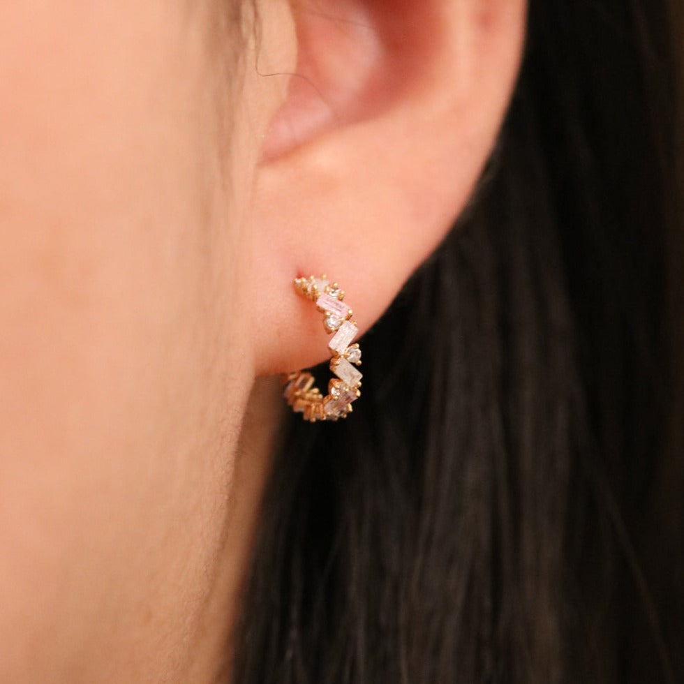 White Topaz and Rose quartz Semi-Hoop Earrings-0