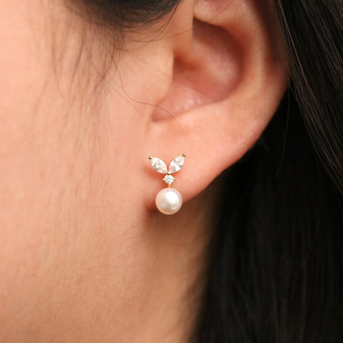 Cubic Leaf Pearl Drop Earrings-1