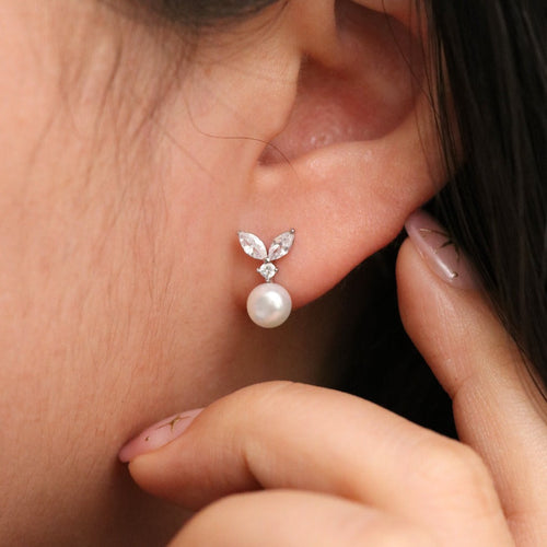 Cubic Leaf Pearl Drop Earrings-0