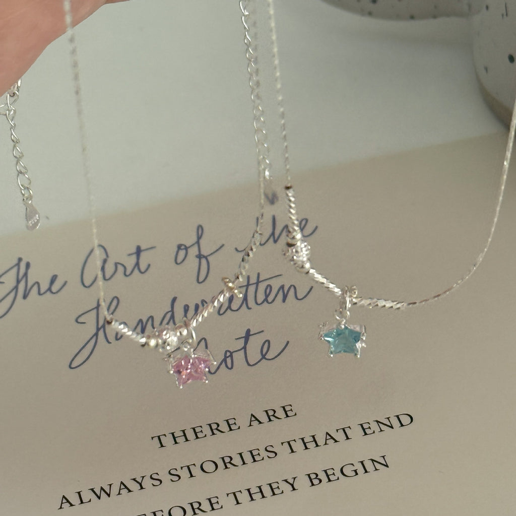 S925 Silver Niche Sweet Color-Diamond Star Collarbone Necklace