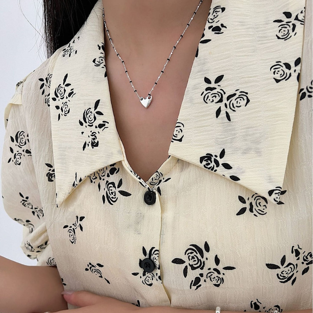 S925 Sterling Silver Necklace With Black Epoxy Heart And Cross Pendant